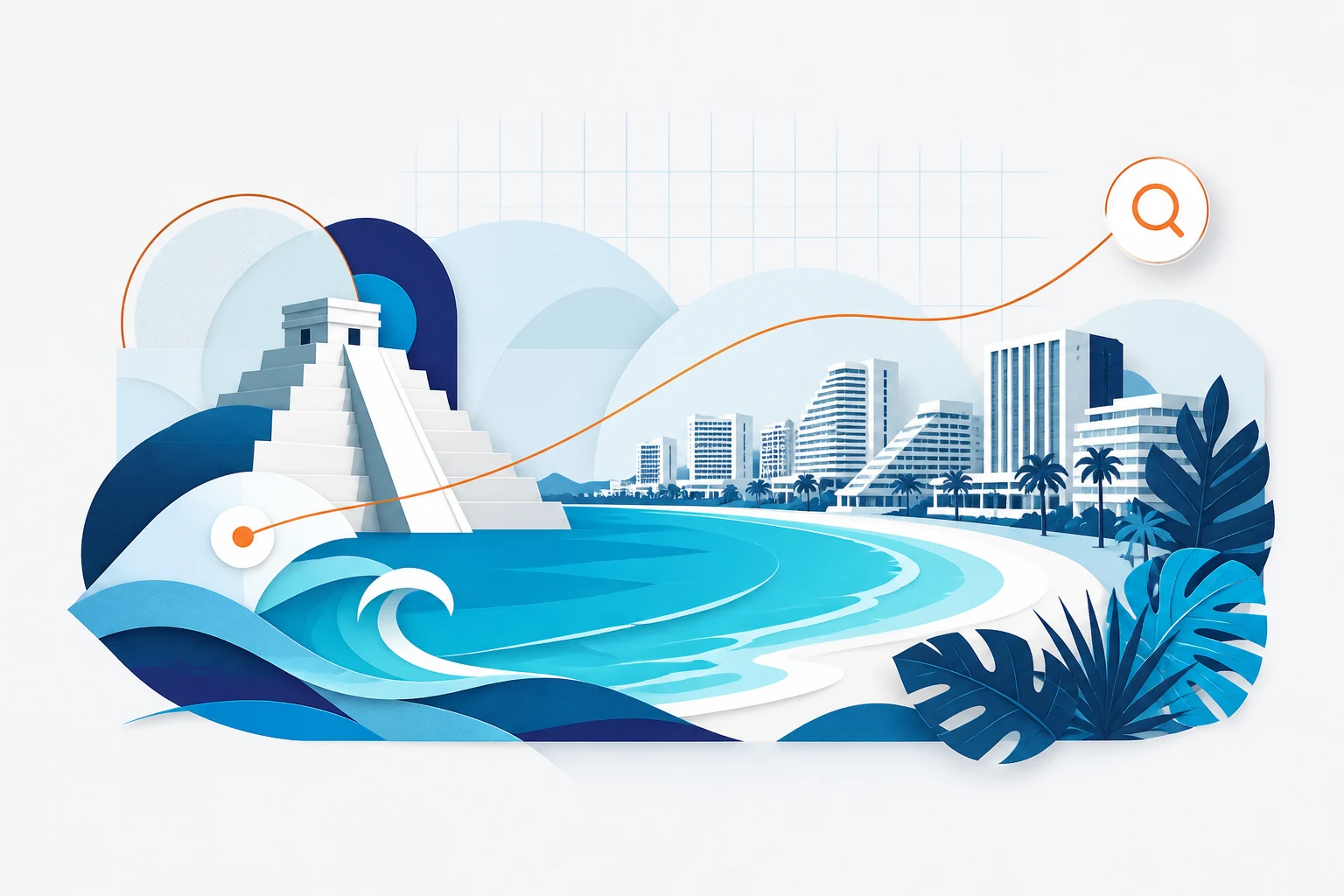 Agencia SEO en Cancún 2 Ilustración de estrategia digital y turismo en Cancún