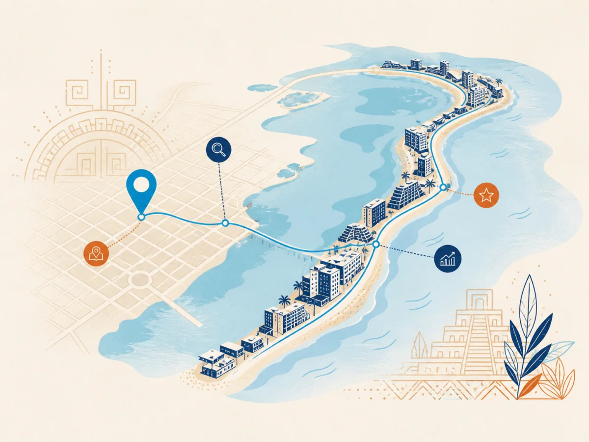 Ilustración editorial de posicionamiento SEO en Cancún