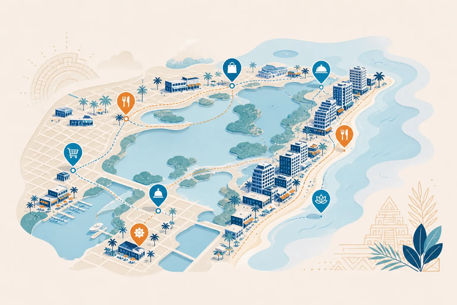 Agencia SEO en Cancún 3 Ilustración del mercado local y negocios en Cancún