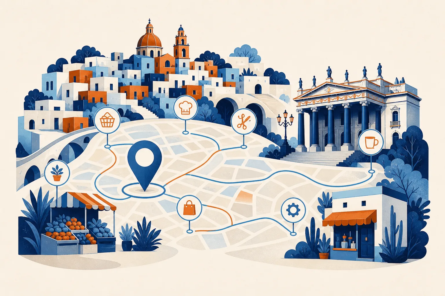 Agencia SEO en Guanajuato 3 Ilustración del mercado local y negocios en Guanajuato