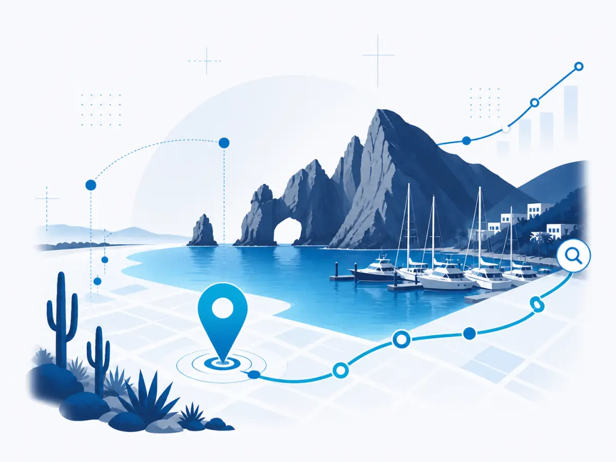 Ilustración editorial de posicionamiento SEO en Los Cabos