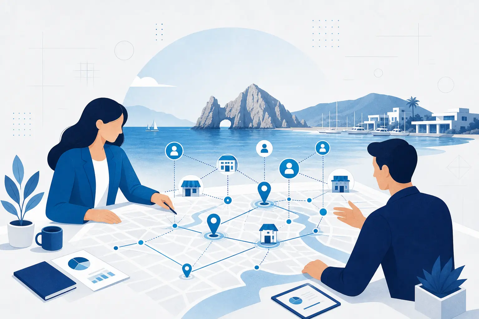 Posicionamiento web en Los Cabos 2 Ilustración de estrategia SEO para empresas en Los Cabos