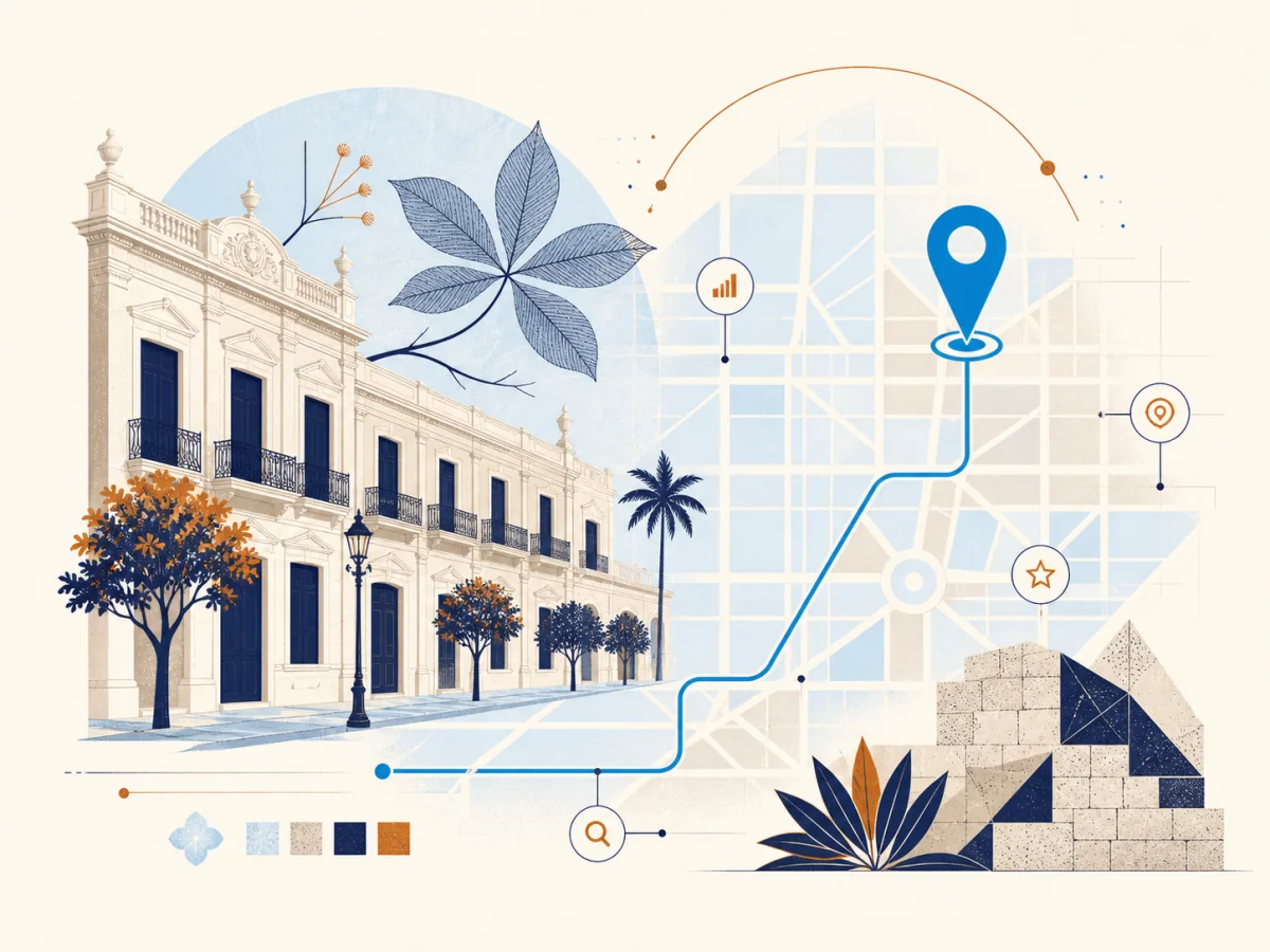 Ilustración editorial de posicionamiento SEO en Mérida
