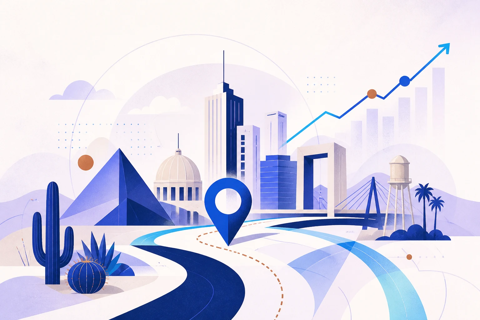 Agencia SEO en Mexicali 2 Ilustración de estrategia digital y actividad comercial en Mexicali