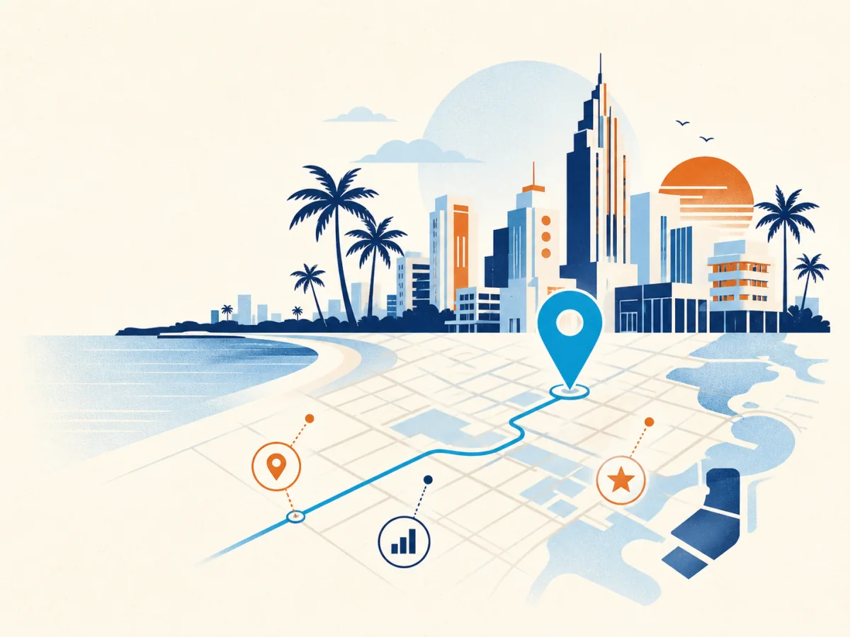Ilustración editorial de posicionamiento SEO en Miami