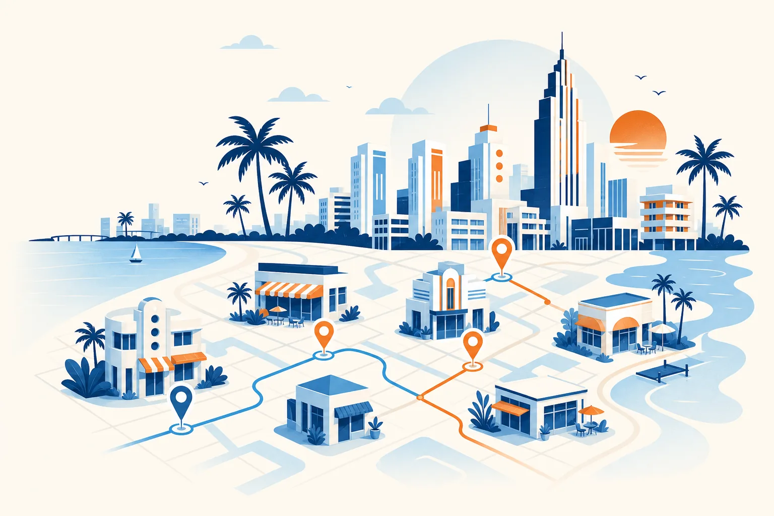 Ilustración del mercado local y negocios en Miami