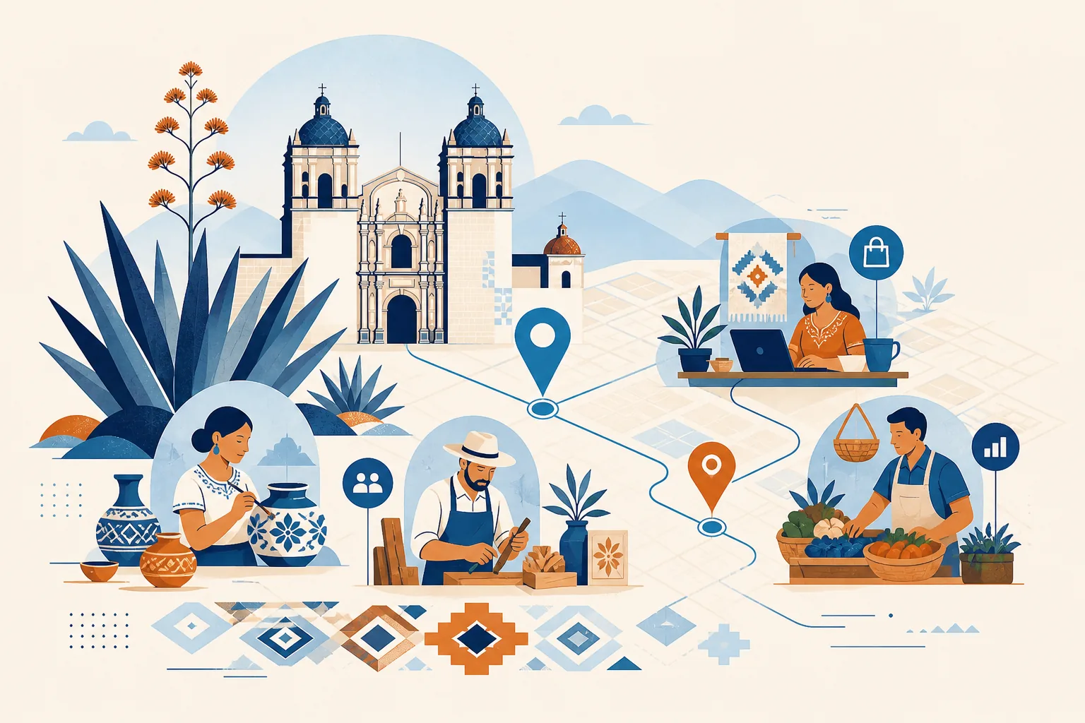 Agencia SEO Oaxaca 3 Ilustración del mercado local y negocios en Oaxaca