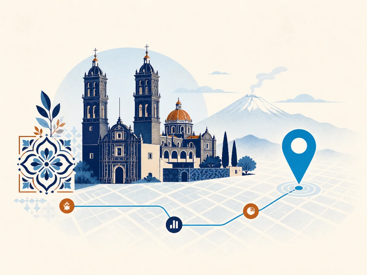 Ilustración editorial de posicionamiento SEO en Puebla