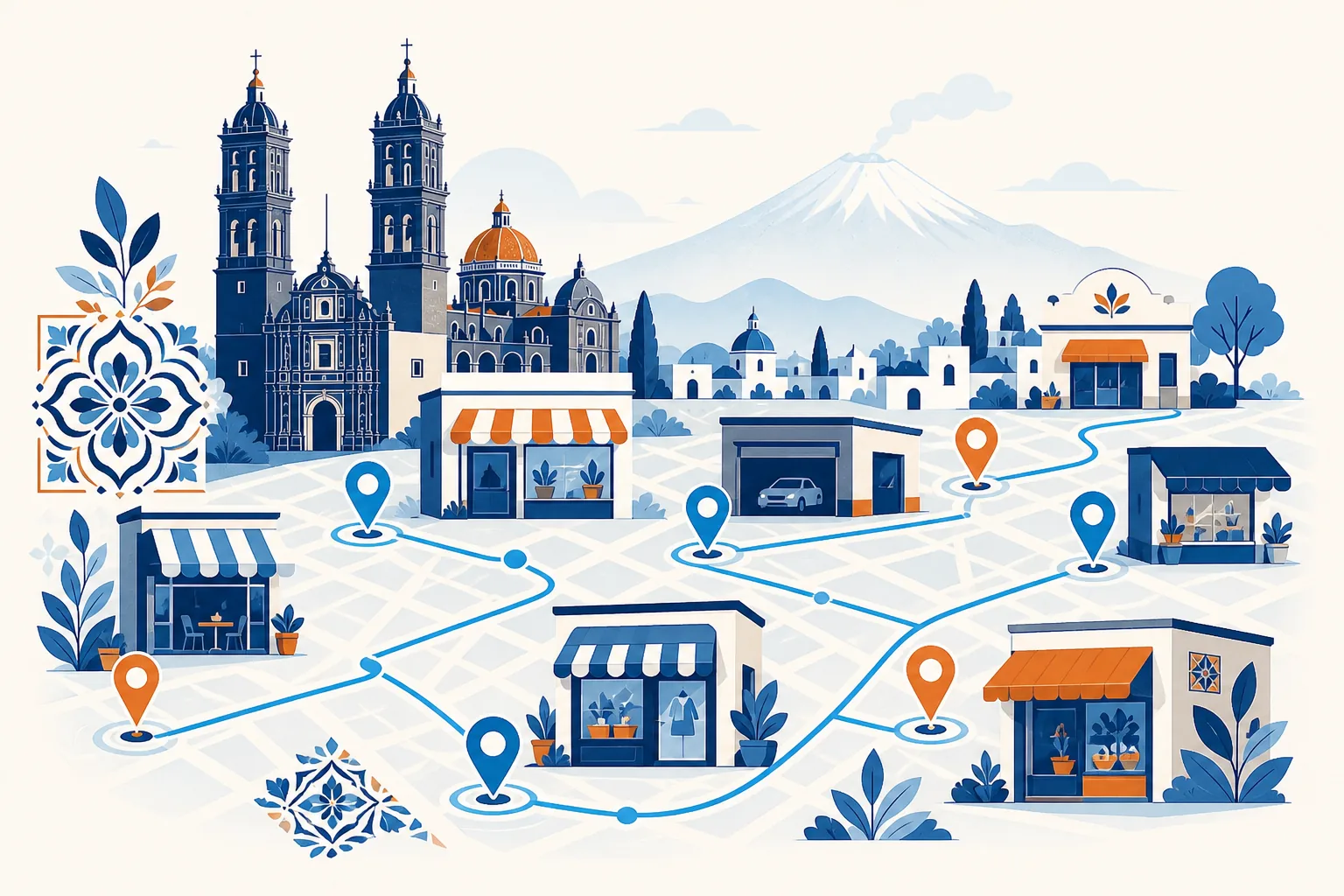 Ilustración del mercado local y negocios en Puebla