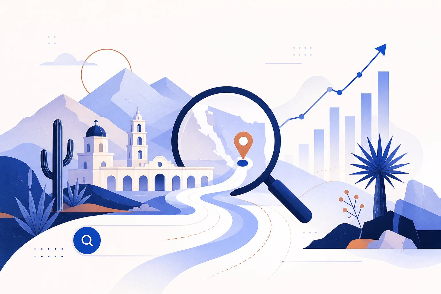 Agencia SEO Sonora 2 Ilustración de estrategia digital y paisaje desértico en Sonora