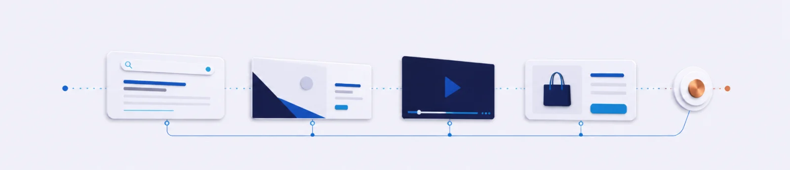 Collage de formatos: anuncio de búsqueda, banner display, video de YouTube y ficha de Shopping