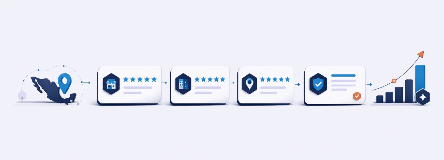 Bloque de reseñas con calificación de 5 estrellas y respuestas del negocio