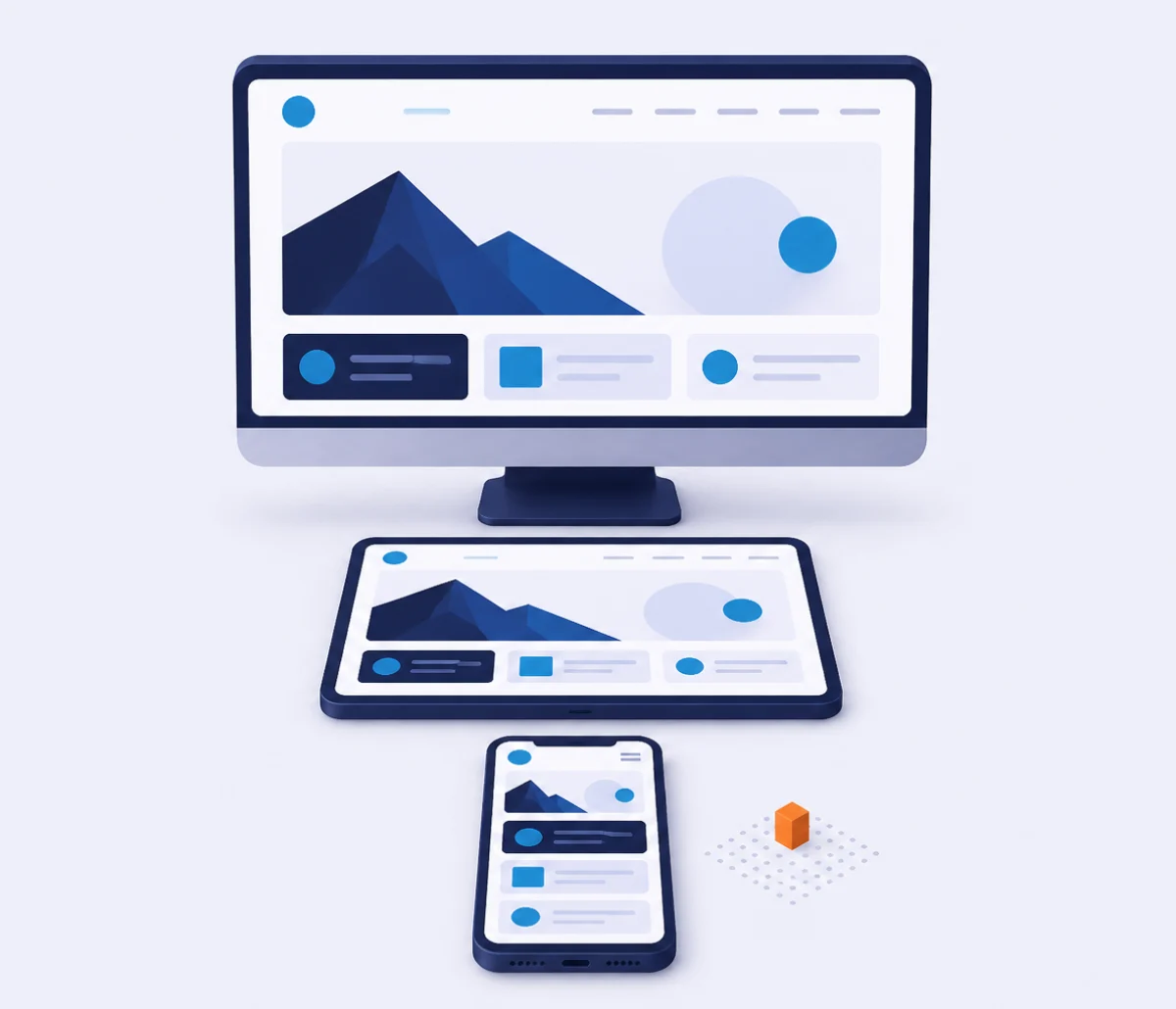 Sitio web mostrado en desktop, tablet y smartphone