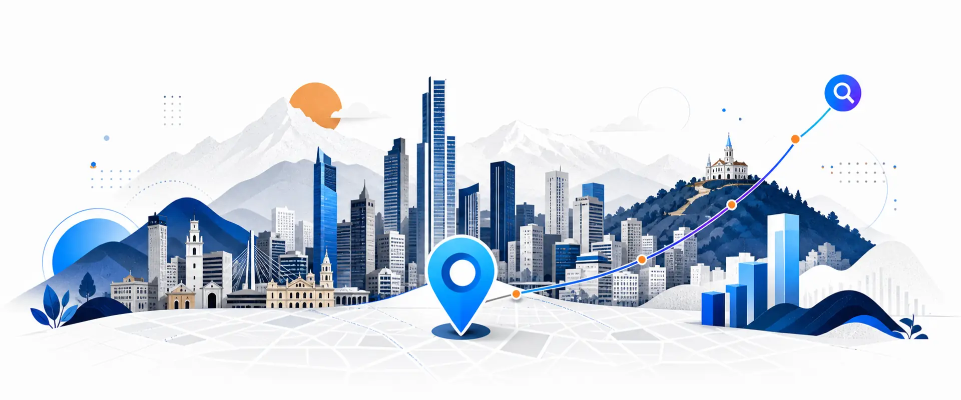 Ilustración de Bogotá y Colombia con mapa, ubicación y crecimiento orgánico