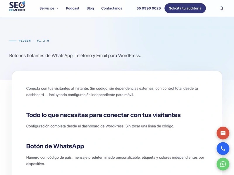 Captura del plugin SMX Floating Contact Buttons con botones de WhatsApp, teléfono y correo